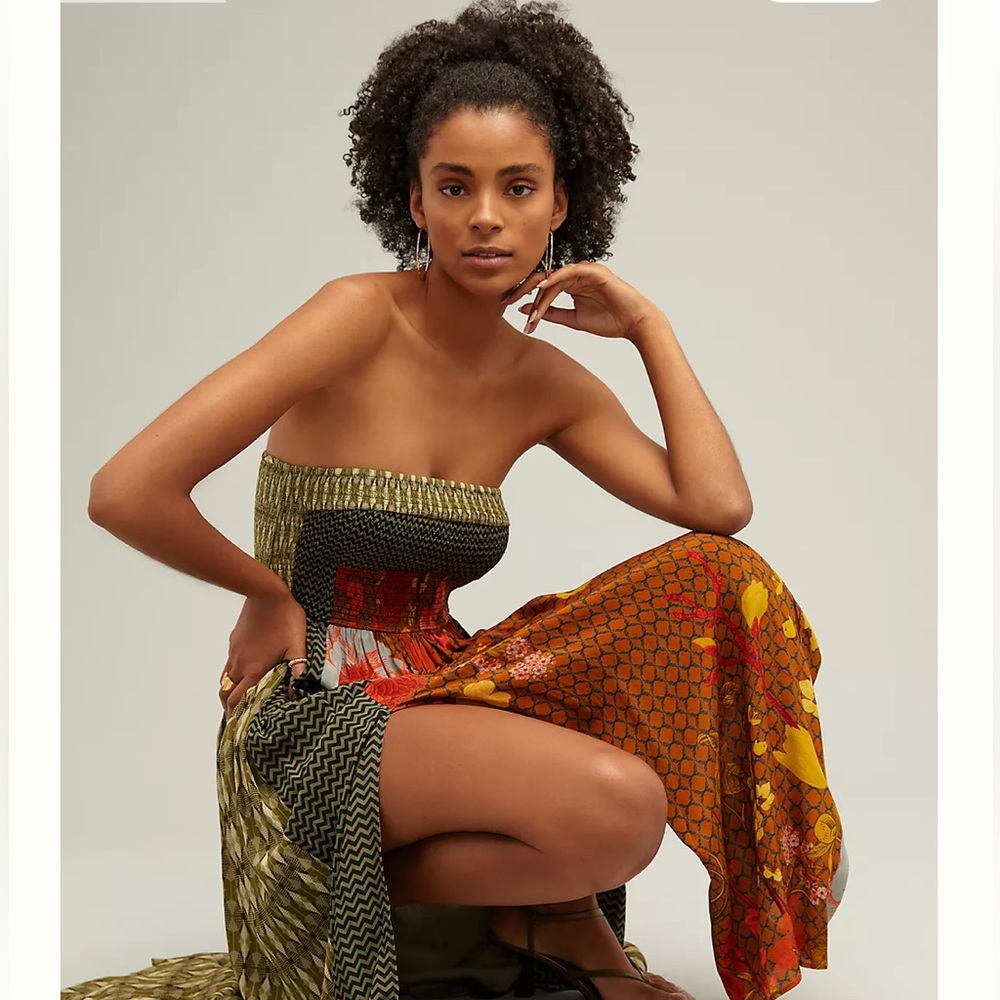 Anthropologie Strapless Patchwork Maxi Dress in Olive, Orange, Red